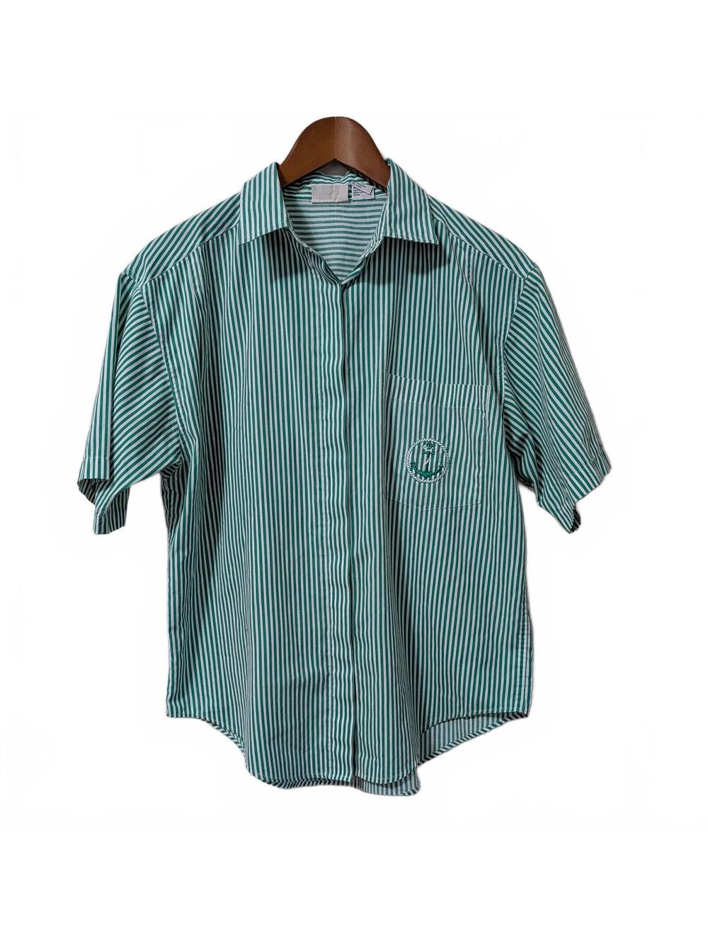 80s Green White Stripe Anchor Embroidered Oversized Button-Down Shirt Size S